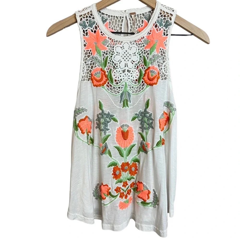 Free People Flower Power Embroidered Tank Top